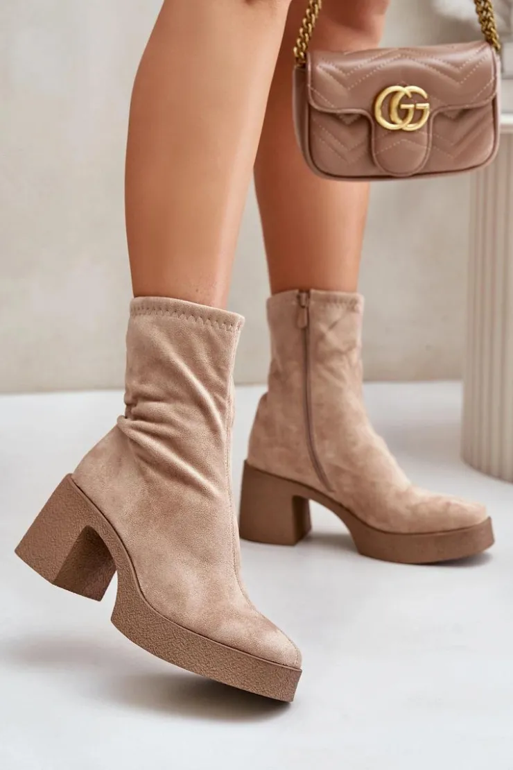 Damskie Damskie buty S.Barski Botki Damskie Na Platformie I Masywnym Obcasie S.Barski HY42-739 Beżowe