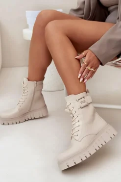 New Boto Botki Damskie Na Platformie Z Ozdobnym Detalem Ocieplane Jasnobeżowe Lyrana Beżowy