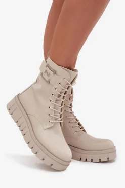 New Boto Botki Damskie Na Platformie Z Ozdobnym Detalem Ocieplane Jasnobeżowe Lyrana Beżowy