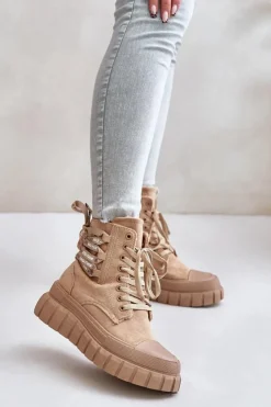 Damskie Evento Botki Damskie Na Platformie Z Ozdobnym Sznurowaniem Brązowe Edidda