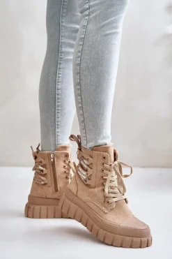 Damskie Evento Botki Damskie Na Platformie Z Ozdobnym Sznurowaniem Brązowe Edidda