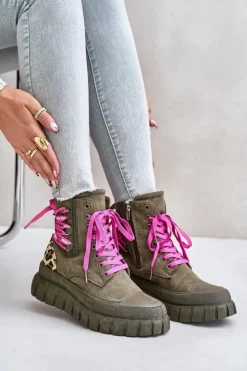 New Evento Botki Damskie Na Platformie Z Ozdobnym Sznurowaniem Panterka Zielone Edidda Zielony