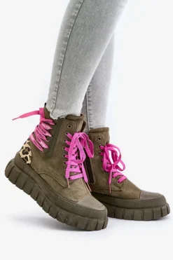 New Evento Botki Damskie Na Platformie Z Ozdobnym Sznurowaniem Panterka Zielone Edidda Zielony