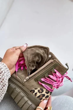 New Evento Botki Damskie Na Platformie Z Ozdobnym Sznurowaniem Panterka Zielone Edidda Zielony