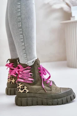 New Evento Botki Damskie Na Platformie Z Ozdobnym Sznurowaniem Panterka Zielone Edidda Zielony