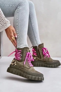 New Evento Botki Damskie Na Platformie Z Ozdobnym Sznurowaniem Panterka Zielone Edidda Zielony