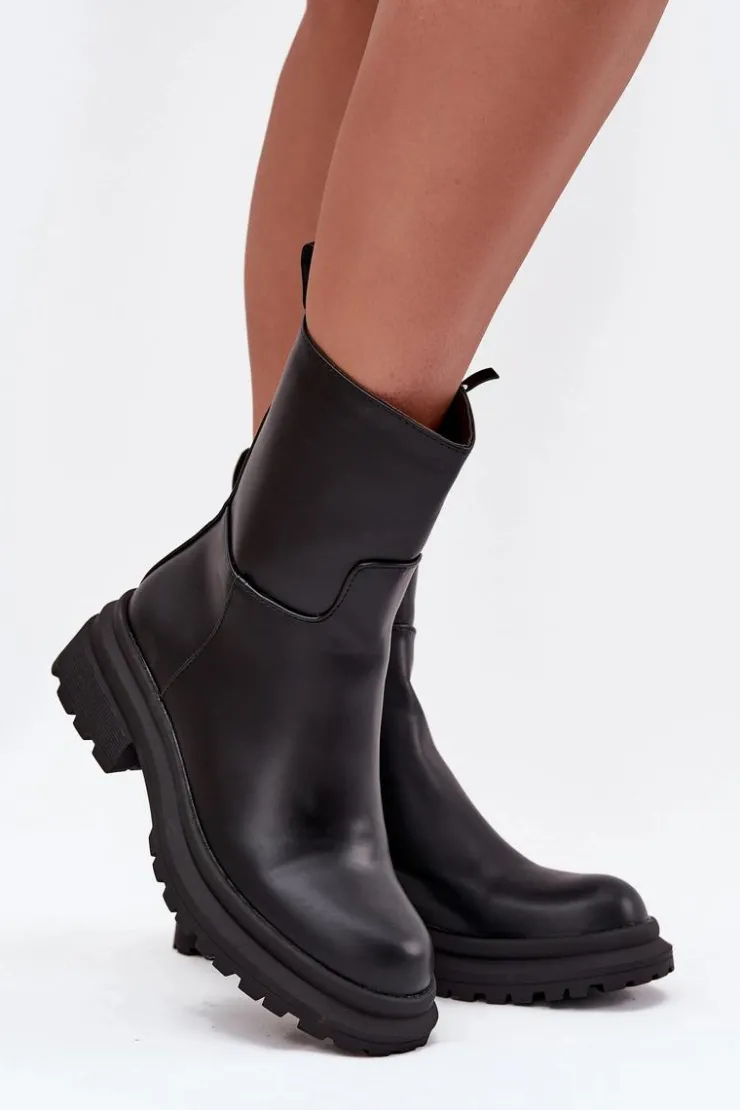 Outlet Boto Botki Damskie Na Platformie I Płaskim Obcasie Czarne Levira Czarny