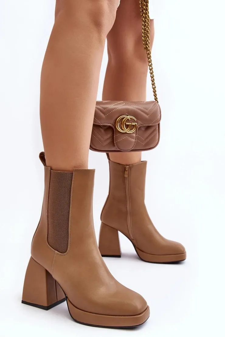 Damskie Boto Botki Damskie Na Platformie I Obcasie Brązowe Stelares