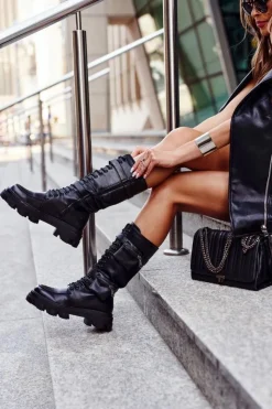 Damskie Boto Botki Damskie Na Platformie Ocieplane Czarne High Winryna