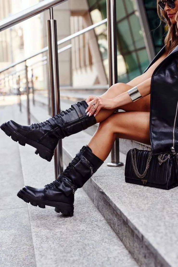 Damskie Boto Botki Damskie Na Platformie Ocieplane Czarne High Winryna