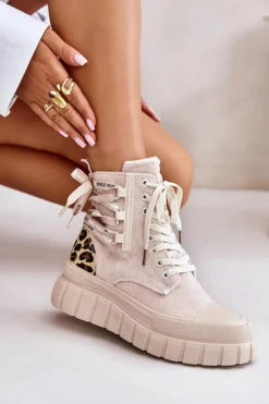 Damskie Evento Botki Damskie Na Platformie Z Ozdobnym Sznurowaniem Panterka Jasnobeżowe Edidda