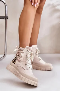 Damskie Evento Botki Damskie Na Platformie Z Ozdobnym Sznurowaniem Panterka Jasnobeżowe Edidda