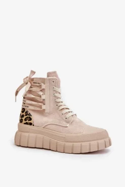 Damskie Evento Botki Damskie Na Platformie Z Ozdobnym Sznurowaniem Panterka Jasnobeżowe Edidda