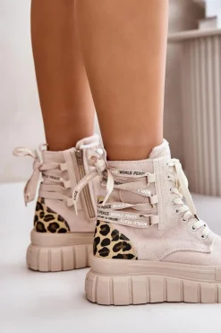 Damskie Evento Botki Damskie Na Platformie Z Ozdobnym Sznurowaniem Panterka Jasnobeżowe Edidda