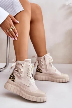 Damskie Evento Botki Damskie Na Platformie Z Ozdobnym Sznurowaniem Panterka Jasnobeżowe Edidda