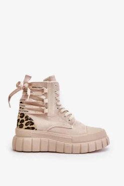 Damskie Evento Botki Damskie Na Platformie Z Ozdobnym Sznurowaniem Panterka Jasnobeżowe Edidda