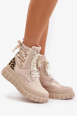 Damskie Evento Botki Damskie Na Platformie Z Ozdobnym Sznurowaniem Panterka Jasnobeżowe Edidda