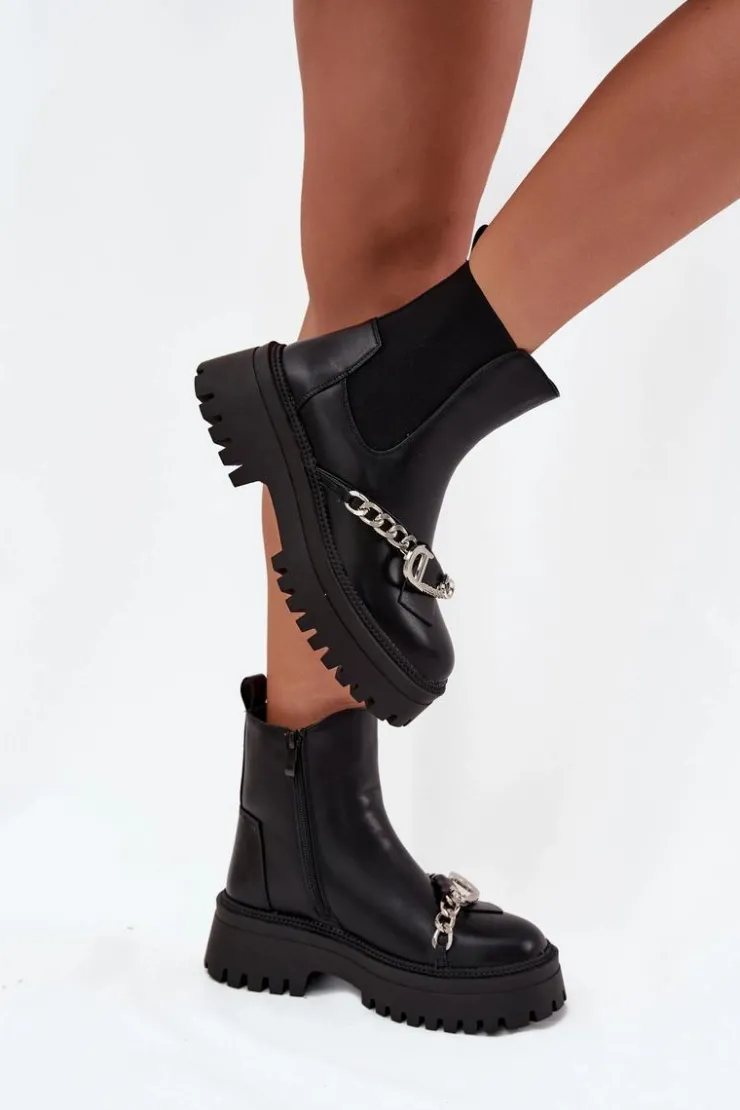 Discount Boto Botki Damskie Na Platformie Z Łańcuchem Czarne Marvella
