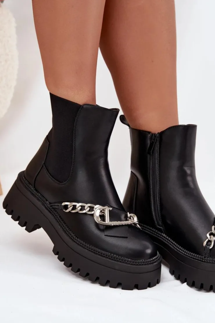 Discount Boto Botki Damskie Na Platformie Z Łańcuchem Czarne Marvella