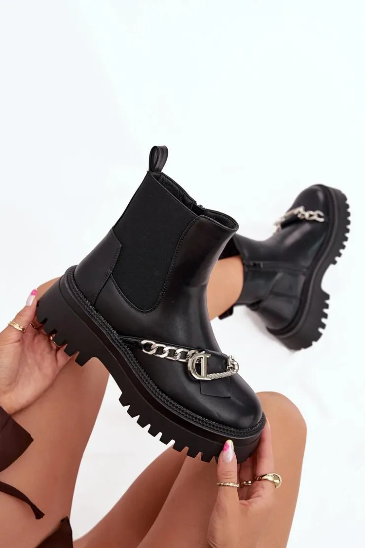 Discount Boto Botki Damskie Na Platformie Z Łańcuchem Czarne Marvella