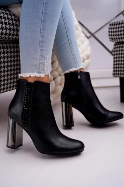 Clearance Boto Botki Damskie Na Srebrnym Słupku Czarne Peve