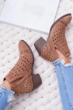 Boto Botki Na Słupku|Brązowe I Beżowe Botki*Botki Damskie Na Słupku Ażurowe z Wycięciami Brązowe Mediolan