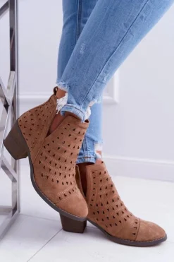 Boto Botki Na Słupku|Brązowe I Beżowe Botki*Botki Damskie Na Słupku Ażurowe z Wycięciami Brązowe Mediolan