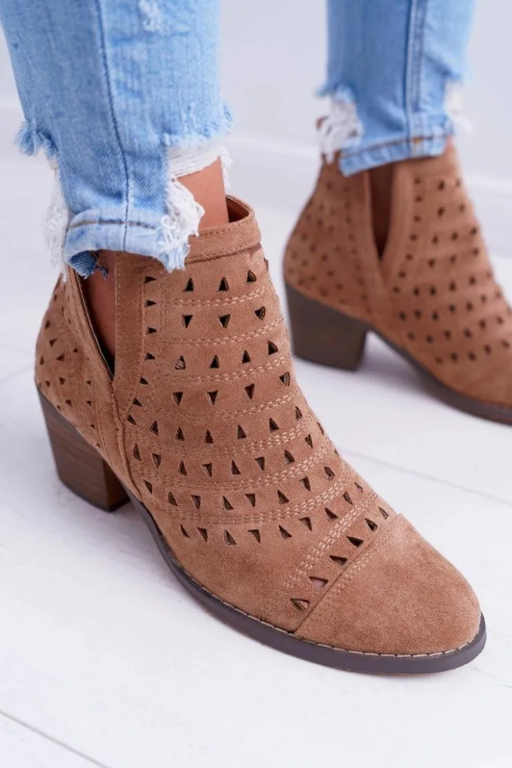 Boto Botki Na Słupku|Brązowe I Beżowe Botki*Botki Damskie Na Słupku Ażurowe z Wycięciami Brązowe Mediolan