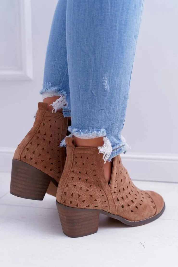 Boto Botki Na Słupku|Brązowe I Beżowe Botki*Botki Damskie Na Słupku Ażurowe z Wycięciami Brązowe Mediolan
