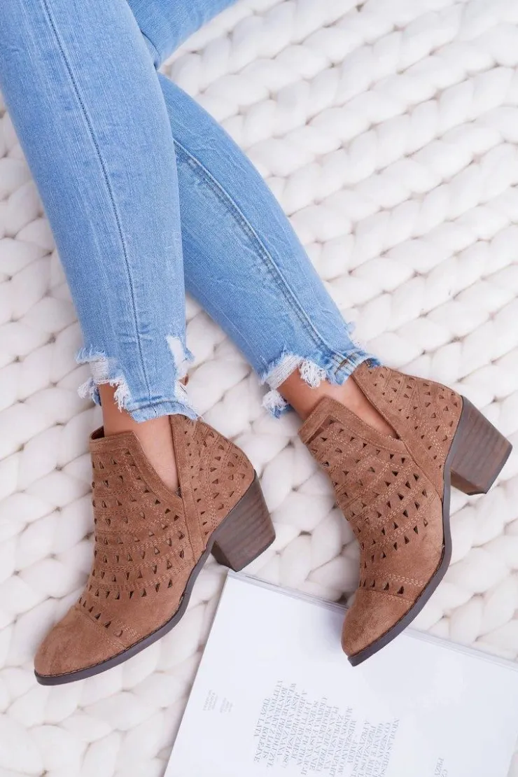 Boto Botki Na Słupku|Brązowe I Beżowe Botki*Botki Damskie Na Słupku Ażurowe z Wycięciami Brązowe Mediolan