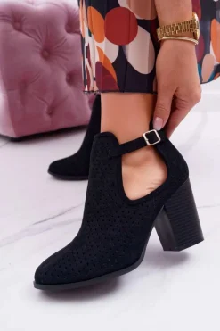 Damskie Boto Botki Damskie Na Słupku Ażurowe Z Wycięciami Czarne GoodDay