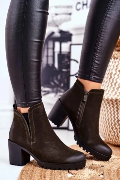 Damskie buty S.Barski Botki Zimowe Damskie|Botki Na Obcasie*Botki Damskie Na Słupku Ciepłe Khaki Veronica