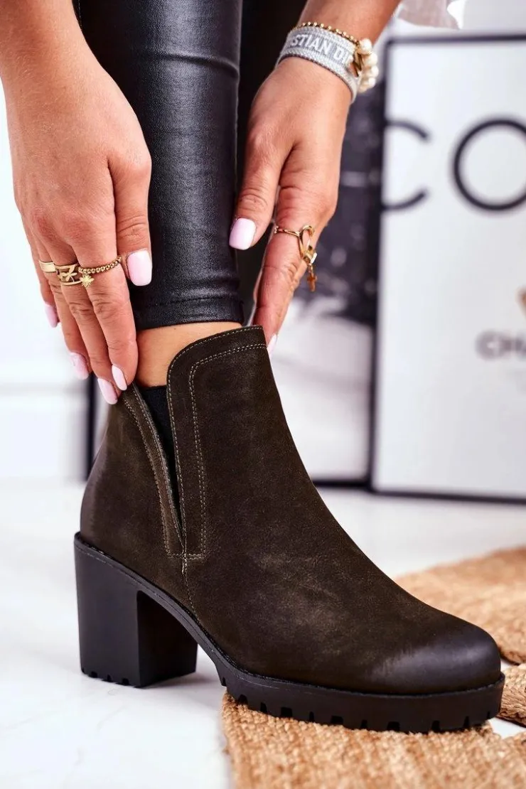 Damskie buty S.Barski Botki Zimowe Damskie|Botki Na Obcasie*Botki Damskie Na Słupku Ciepłe Khaki Veronica