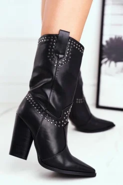 Damskie Boto Botki Damskie Na Słupku Ciepłe Kowbojki Czarne Athens
