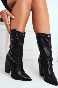 Damskie Boto Botki Damskie Na Słupku Ciepłe Kowbojki Czarne Athens