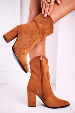 Damskie Boto Botki Damskie Na Słupku Eko-Zamsz Camel Ecstasy