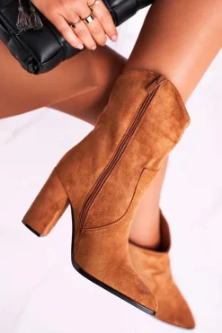 Damskie Boto Botki Damskie Na Słupku Eko-Zamsz Camel Ecstasy