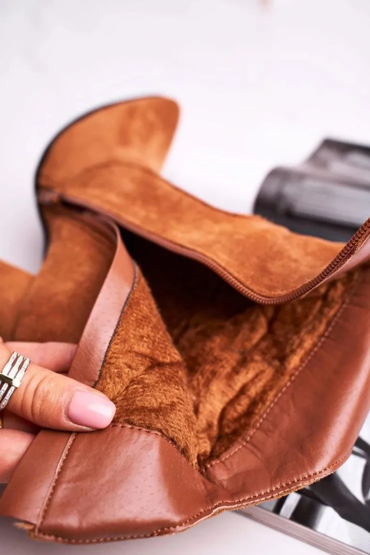 Damskie Boto Botki Damskie Na Słupku Eko-Zamsz Camel Ecstasy