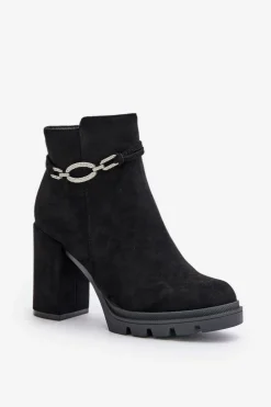 Hot Boto Botki Damskie Na Słupku Eko Zamszowe Z Ozdobnym Paskiem Czarne Maivone Czarny