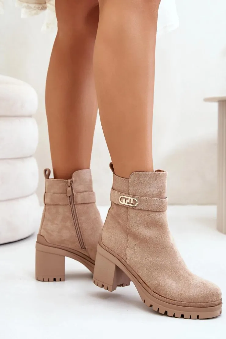 Sale Boto Botki Damskie Na Słupku Eko Zamszowe Ocieplane Na Zamek Beżowe Laonora