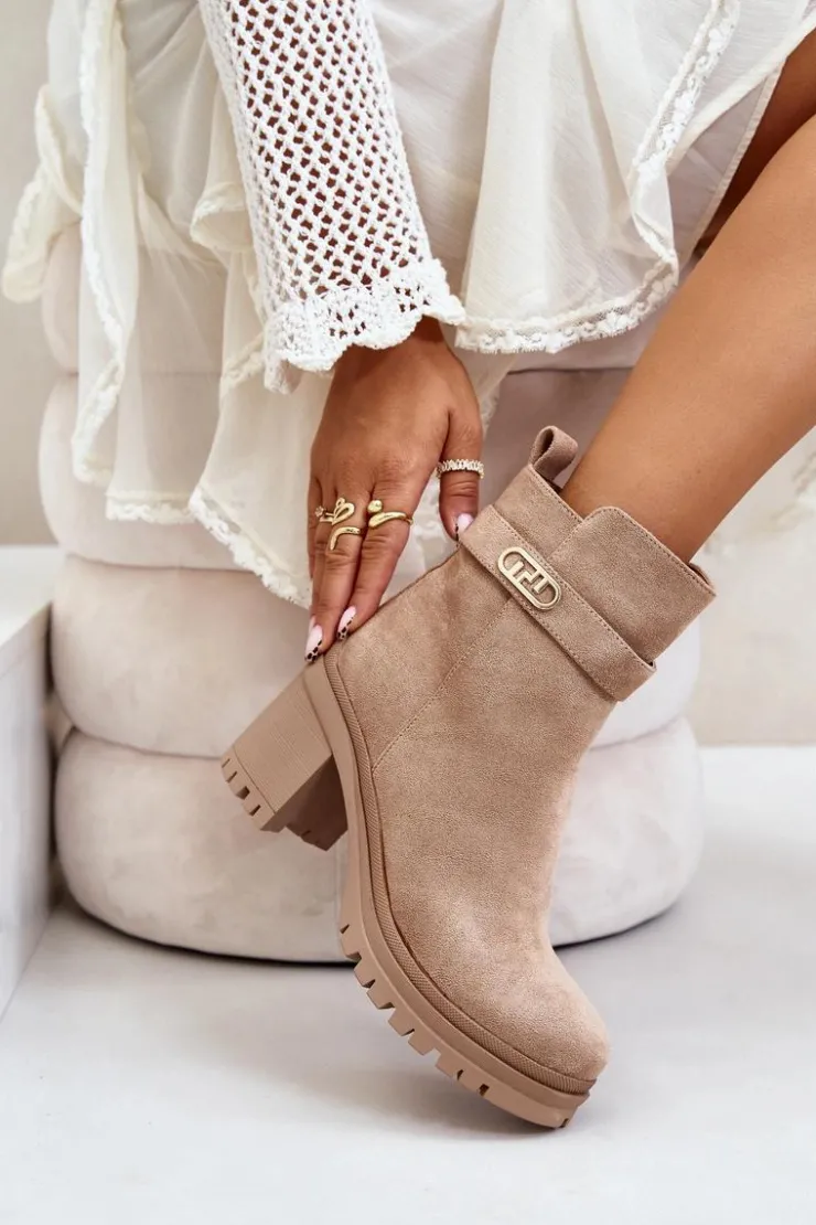 Sale Boto Botki Damskie Na Słupku Eko Zamszowe Ocieplane Na Zamek Beżowe Laonora
