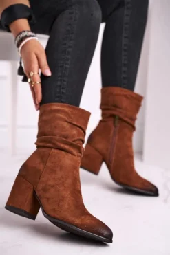 Buty damskie Vinceza Botki Na Słupku|Czarne Botki*Botki Damskie Na Słupku Eko-Zamsz Camel Up Side