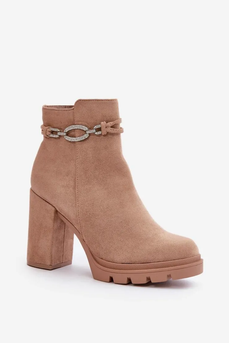 Online Boto Botki Damskie Na Słupku Eko Zamszowe Z Ozdobnym Paskiem Beżowe Maivone