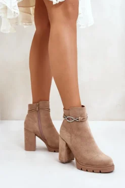 Online Boto Botki Damskie Na Słupku Eko Zamszowe Z Ozdobnym Paskiem Beżowe Maivone