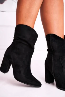 Boto Botki Na Słupku|Czarne Botki*Botki Damskie Na Słupku Eko-Zamsz Czarne Ecstasy