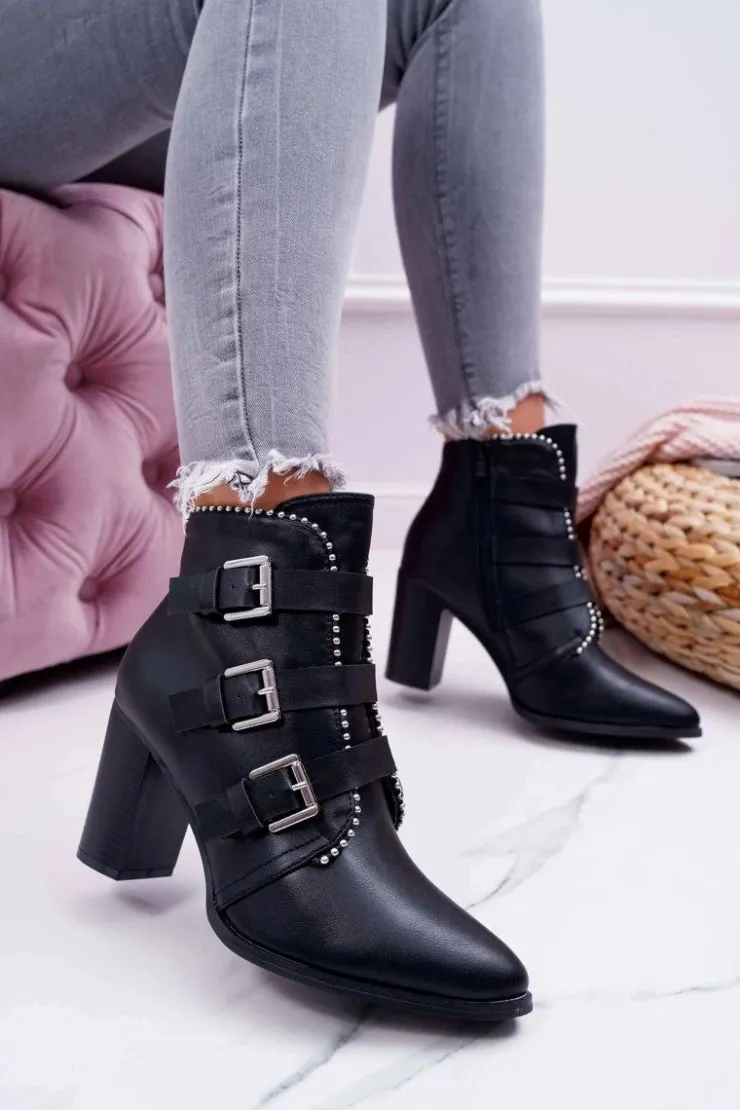 Boto Botki Na Słupku|Botki Zimowe Damskie*Botki Damskie Na Słupku Klamry Czarne Finbas