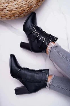 Boto Botki Na Słupku|Botki Zimowe Damskie*Botki Damskie Na Słupku Klamry Czarne Finbas