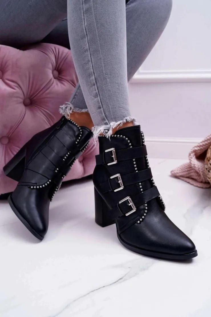 Boto Botki Na Słupku|Botki Zimowe Damskie*Botki Damskie Na Słupku Klamry Czarne Finbas