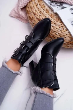 Boto Botki Na Słupku|Botki Zimowe Damskie*Botki Damskie Na Słupku Klamry Czarne Finbas