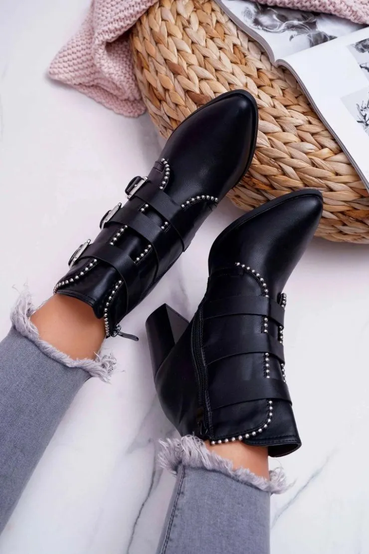 Boto Botki Na Słupku|Botki Zimowe Damskie*Botki Damskie Na Słupku Klamry Czarne Finbas